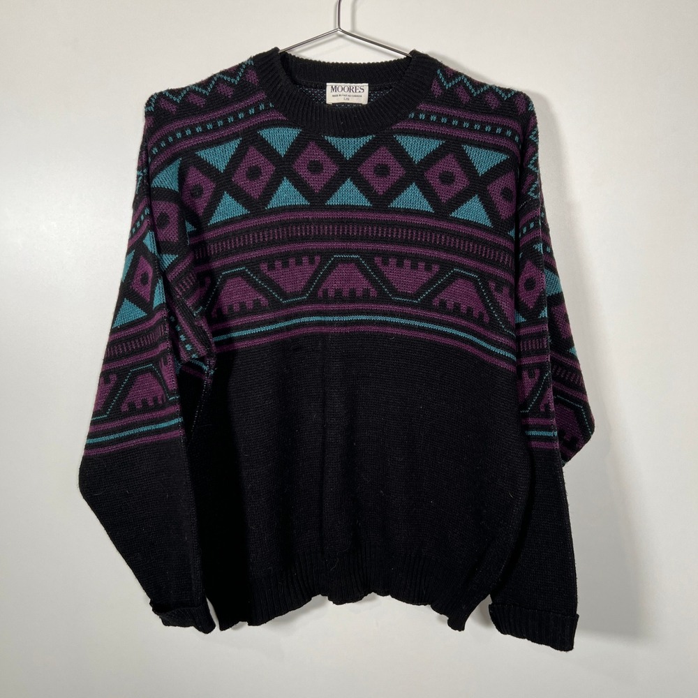 Vintage Grandpa‎ Sweater 90s Black Geometric Aztec Moores Canada Large Mens